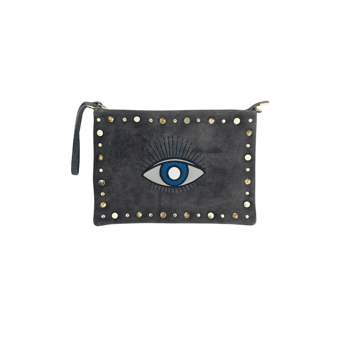 Gray Suede Pouch with Studs