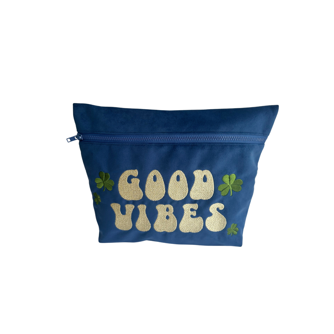 Navy Blue Velvet Good Vibes Pouch