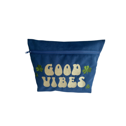 Navy Blue Velvet Good Vibes Pouch